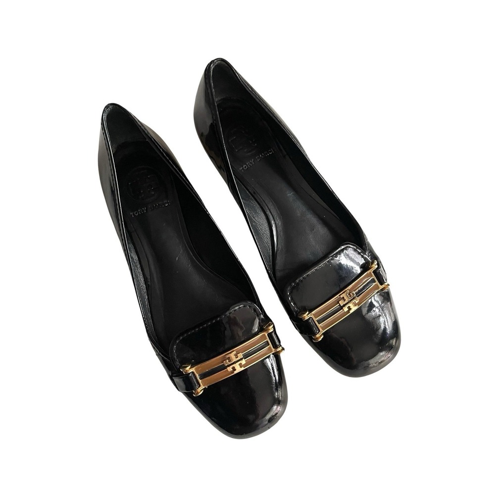 Tory Burch Black Gold Patent Leather Square Toe Loafer Sz 6 Old Money Preppy